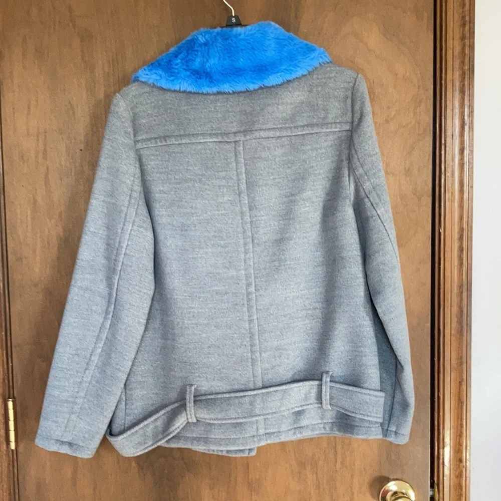 Nine West coat faux fur collar blue collar gray coat moto like style S - Picture 9 of 17